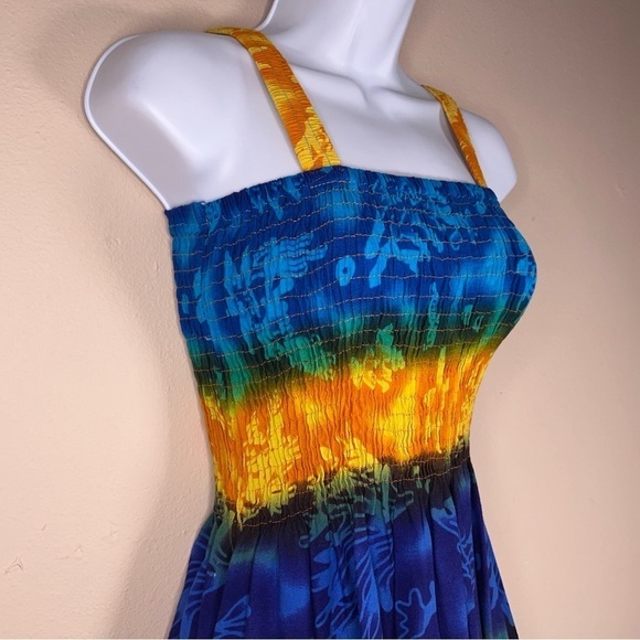 SMALL TROPICAL DRESS SLEEVELESS STRETCH COLORFUL BLUE ORANGE BEACH VACATION - Picture 4 of 13